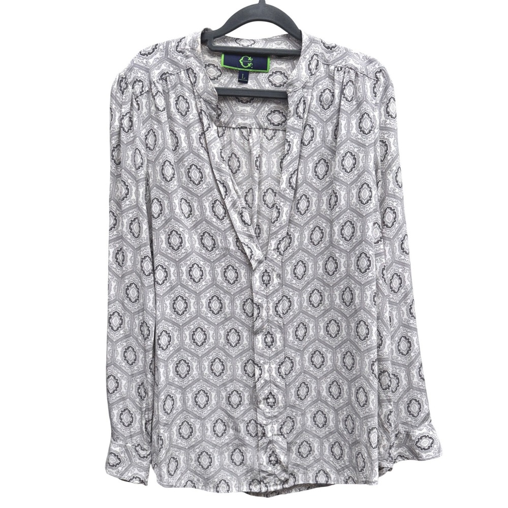 C Wonder Silk Blouse Long Sleeve Grey Medallion Print Size Large Professional - Picture 2 of 6